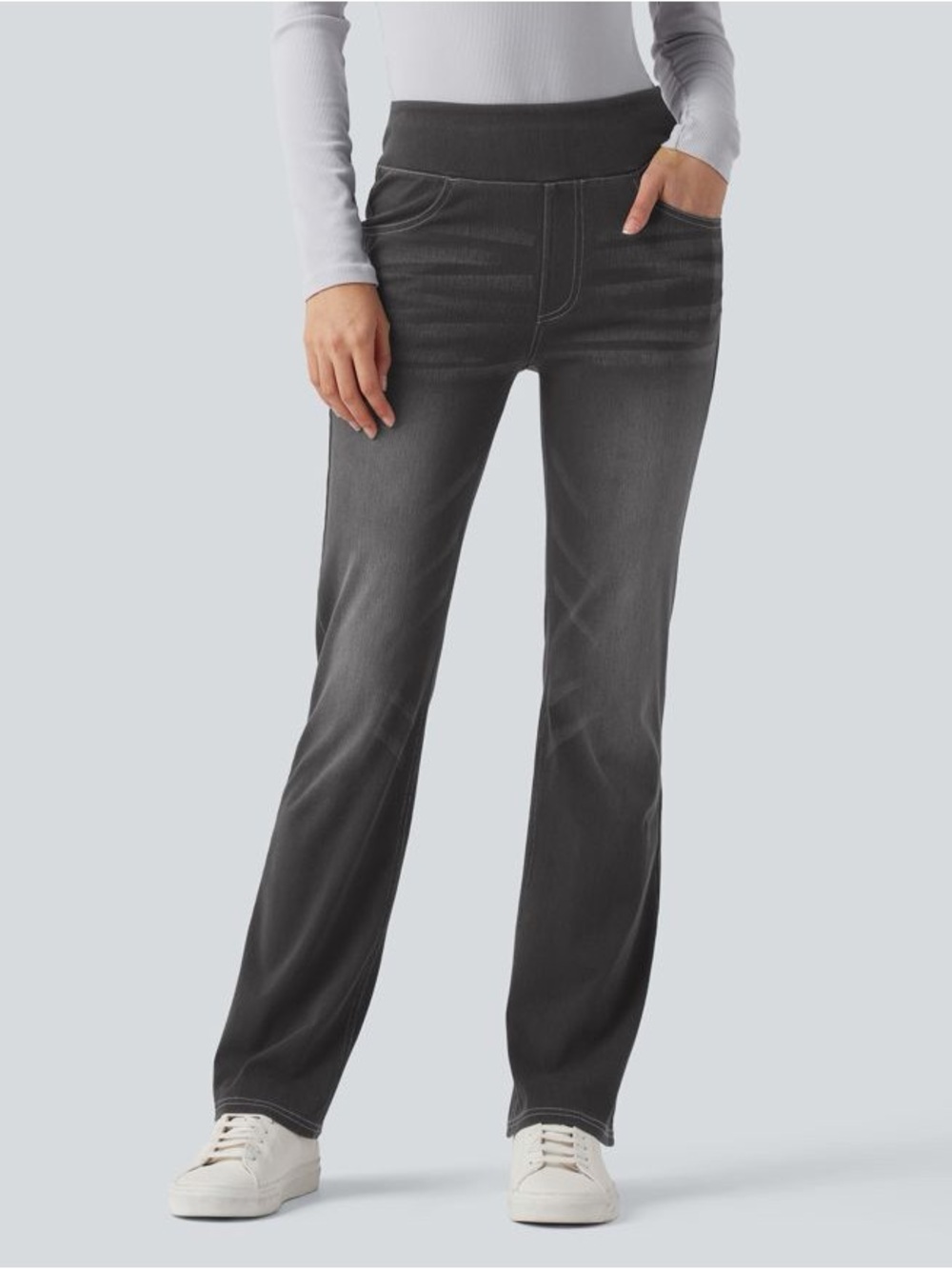NWT Halara Flex Denim High Waisted Washed Casual Bootcut Jeans Dark Gray Size M